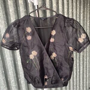Madewell Black Floral Silk Organza Wrap Top Size XS